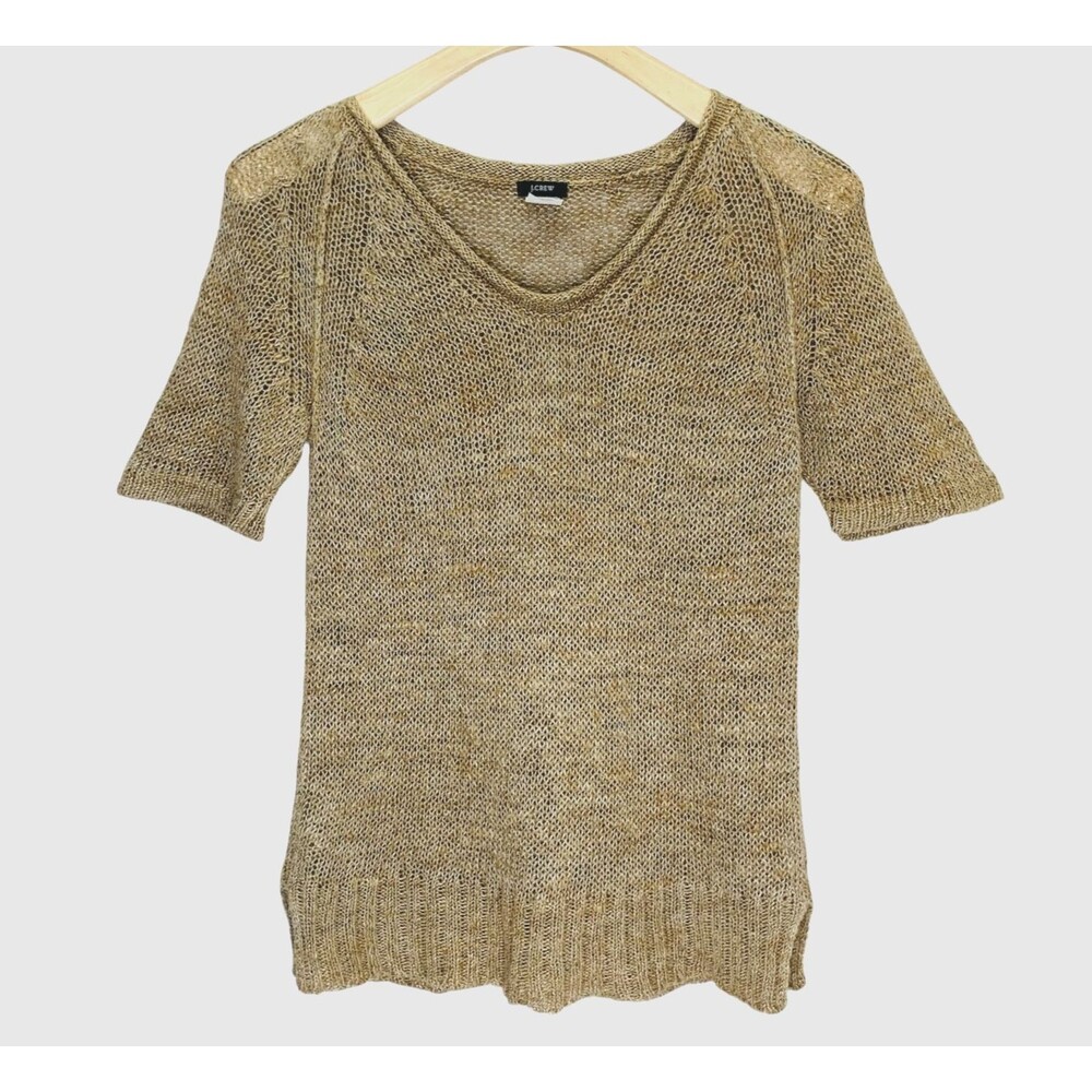 J. Crew Linen Crochet Knit Short Sleeve Top Womens XS Granola Girl Coastal Boho